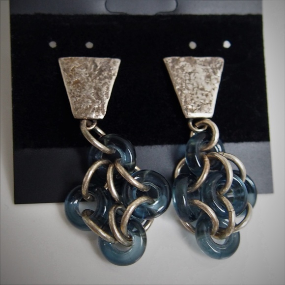 Small hammered sterling silver genuine turquoise stone rustic dangle hoop earrings